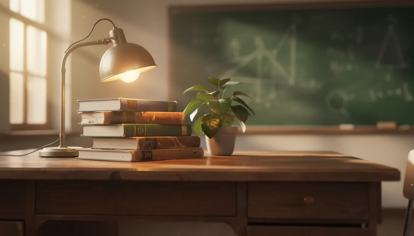 Teacher's desk with textbooks and warm lighting representing online education degree programs