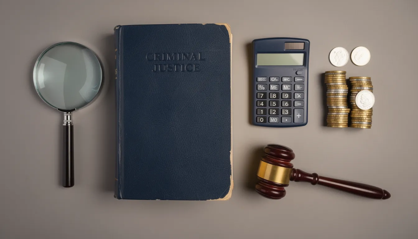 Textbook, magnifying glass, and coins representing criminal justice master's cost and curriculum